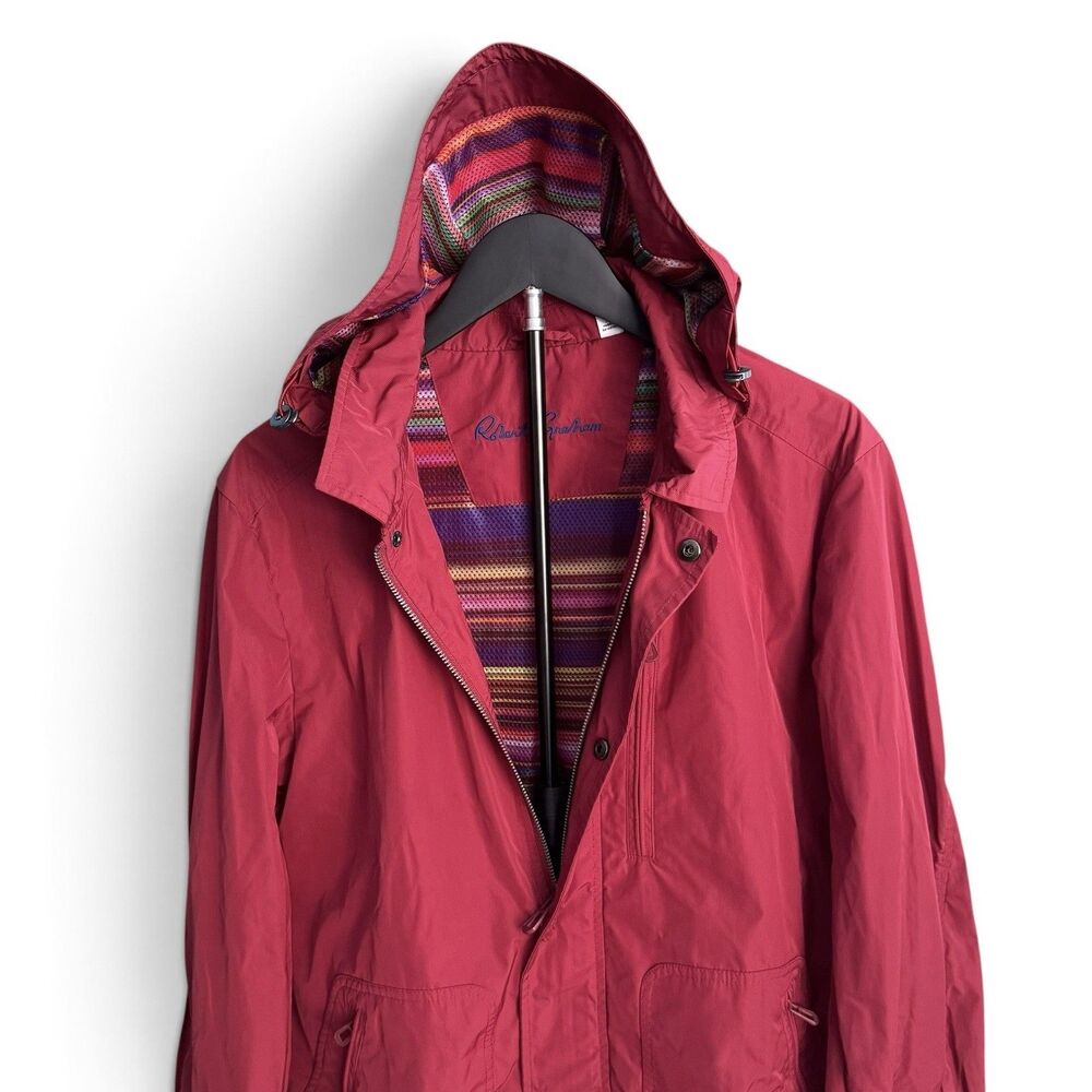 Robert Graham Lompoc Rain Coat Men M Red Full Zip Lined Jacket Removable Hood